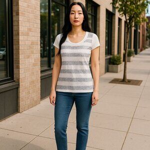 White House Black Market Womens XS Chic White Silver Sequin Striped T-Shirt NWT